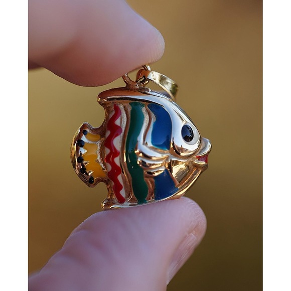 Jewelry - Italian Made 14k Solid Yellow Gold Enamel Fish Pendant - Puffed Fish Rainbow Sea